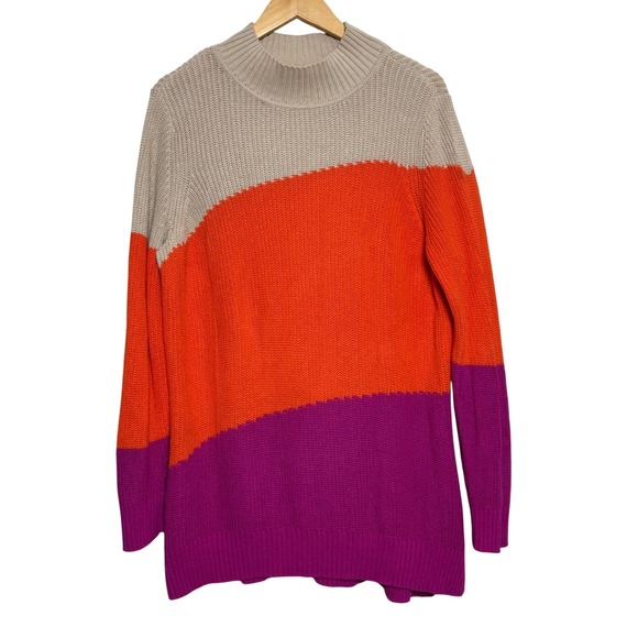 Belle Kim Gravel Sweater Womens Color Block Knit Mock Neck Pullover Top Large L - Picture 1 of 8